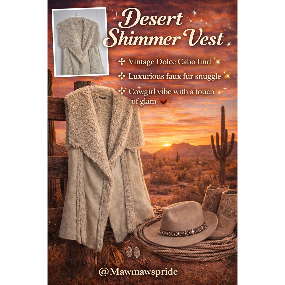 VINTAGE Dolce Cabo Womens Faux Suede Fur Vest Beige Cowgirl Western Shimmer XL